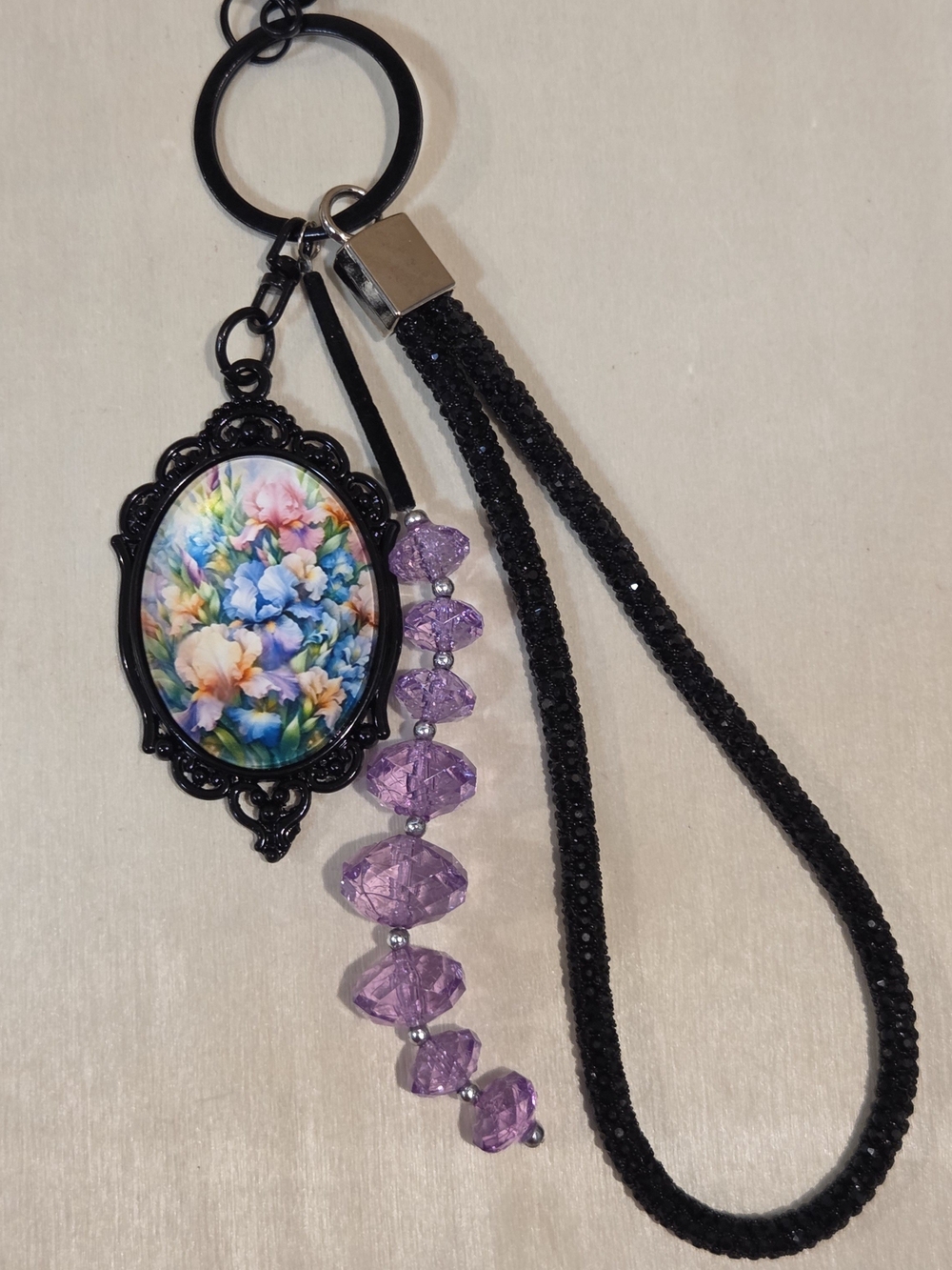 Ornate Black Cameo Flower Purse Charm Crystal Beaded Keychain